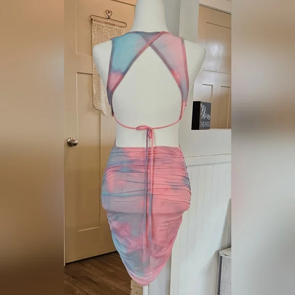 Lightly Worn- FASHION NOVA -Multi-colored Mesh Bodycon Sheath- Tie Back -Size S - Picture 3 of 5